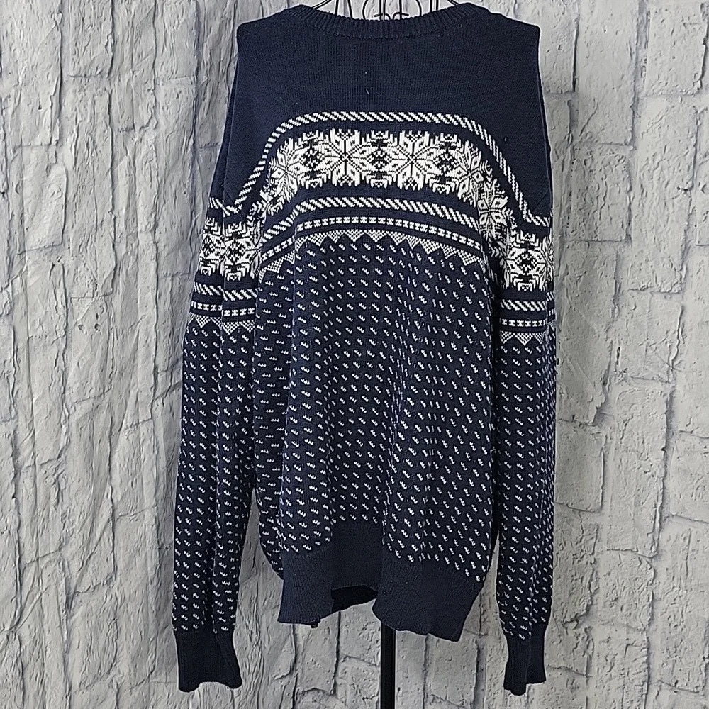 J.Crew Men’s XL Fair Isle Sweater Navy Blue White Nordic Snowflake‎ Knit